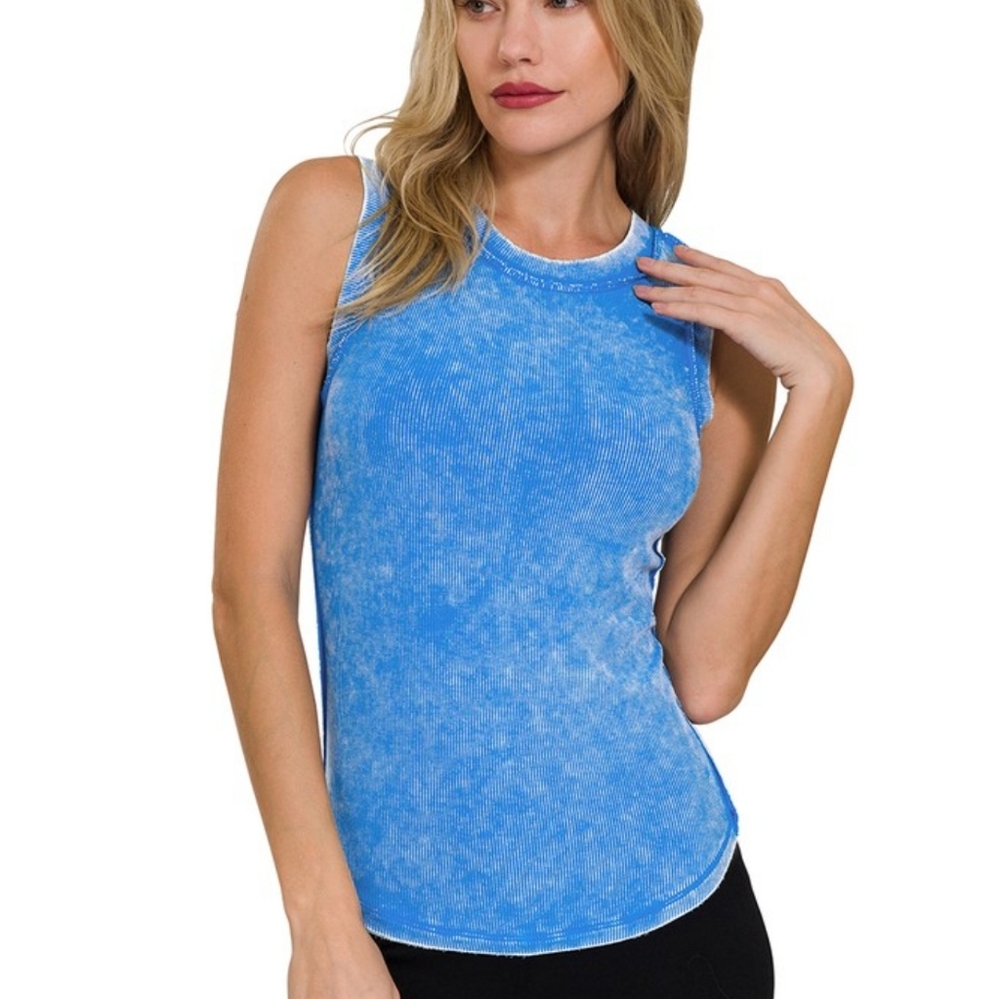 EVE * WASHED RIBBED SCOOP NECK TANK TOP in Ocean blue